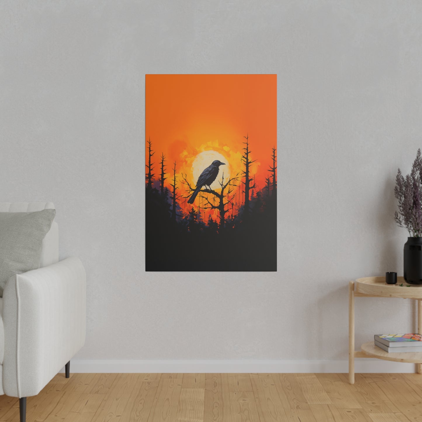 Corvid Sunrise Silhouette Matte Canvas Orange and Black Abstract Art Print 8x10, 12x16, 16x20,  18x24, 20x30, 24x32, 30x40, 32x48" Artwork