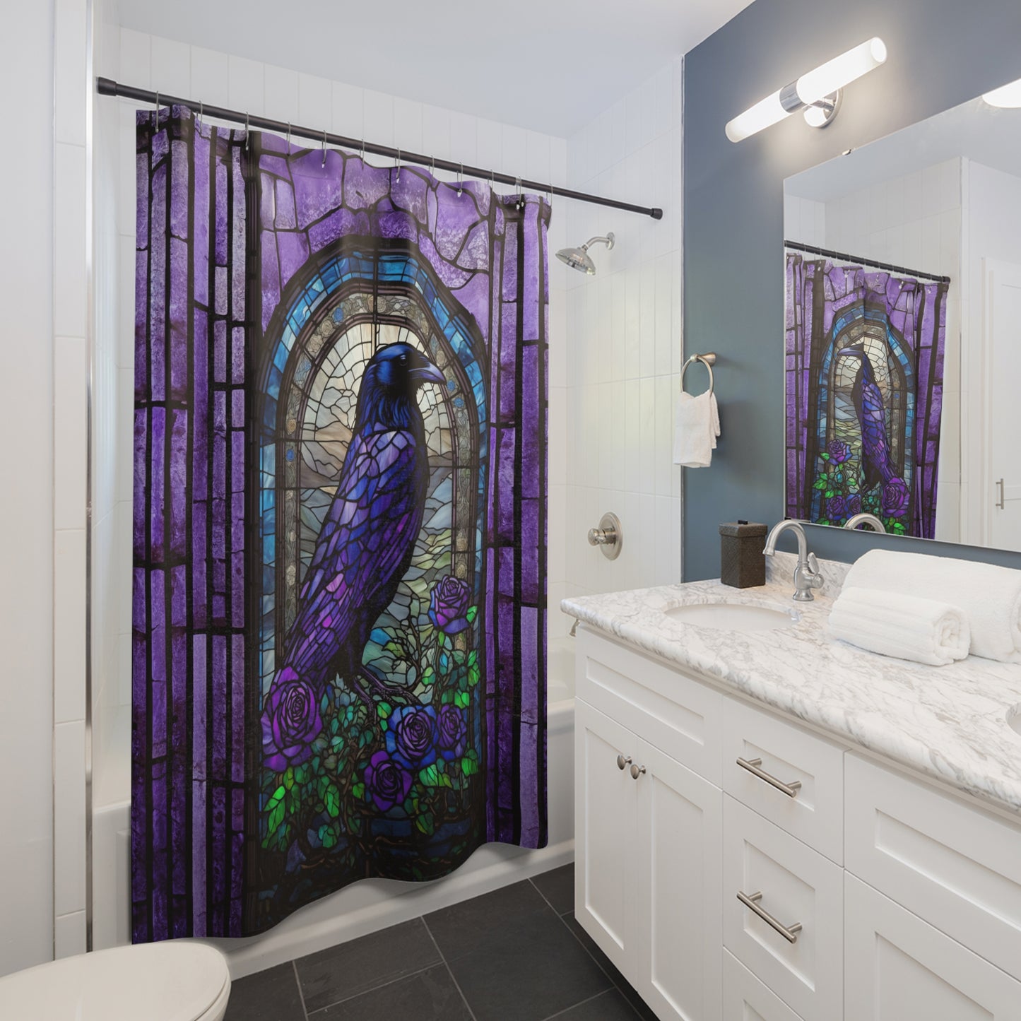 Raven Stained Glass Shower Curtain Purple and Blue Raven Polyester Bath Curtain