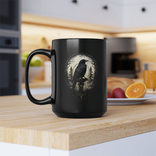 Night's Sentinel 15oz Large Black Mug - Original art on a mug, black raven mug, gothic mug, raven mug, dark academic mug, raven gift, Odin