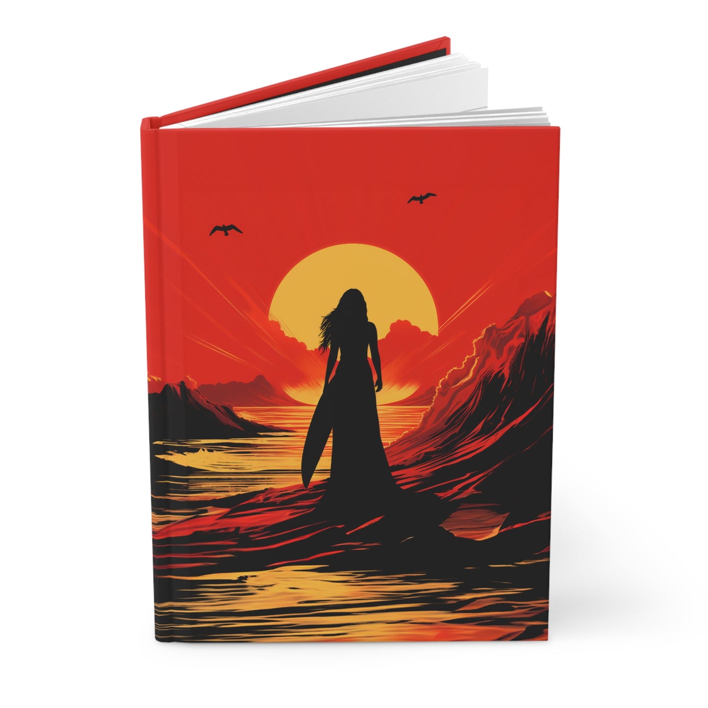 Surf Goddess - Hardcover Journal - Image of a Surfer Girl/Woman at sunset, defying expectation by wearing a long dress.