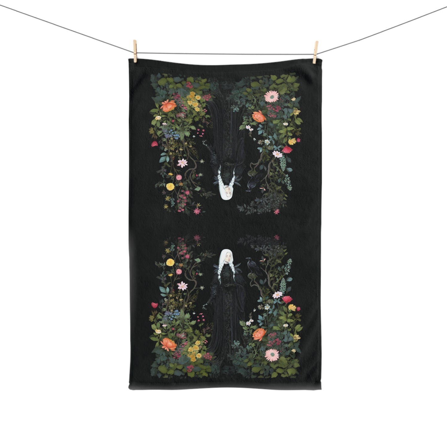 Dark Cottagecore Hand Towel, Sanctuary in the Wilds, dark botanical print, dark floral towel, dark aesthetic, goth cottagecore towel, witchy