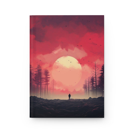 Walking into the sunset Red Hardcover Lined Journal hardcover red and black journal notebook forest scene hiking journal adventure notebook