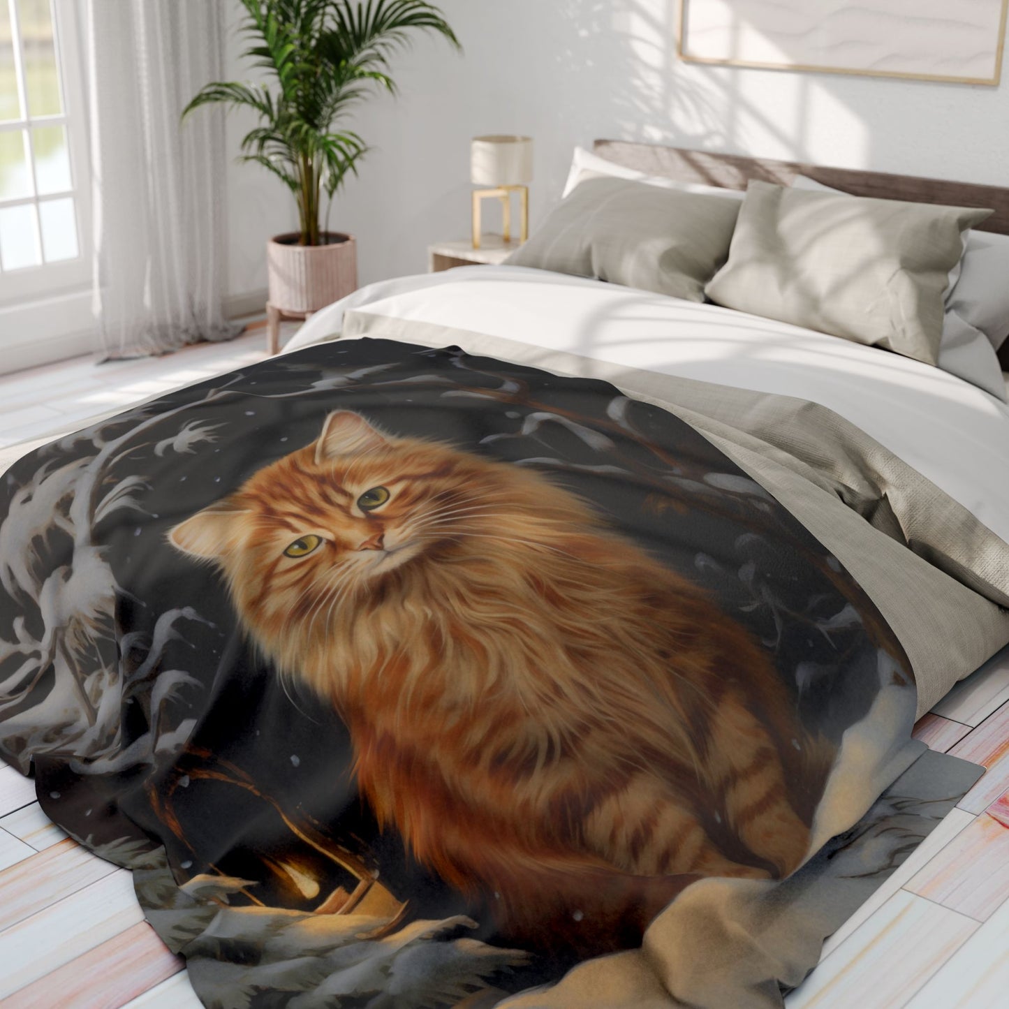 Winter Cat Arctic Fleece Blanket - Original Art - a Fluffy Orange Cat in a Comfy Snowy Scene Winter Fleece Blanket Fleece Cat Blanket