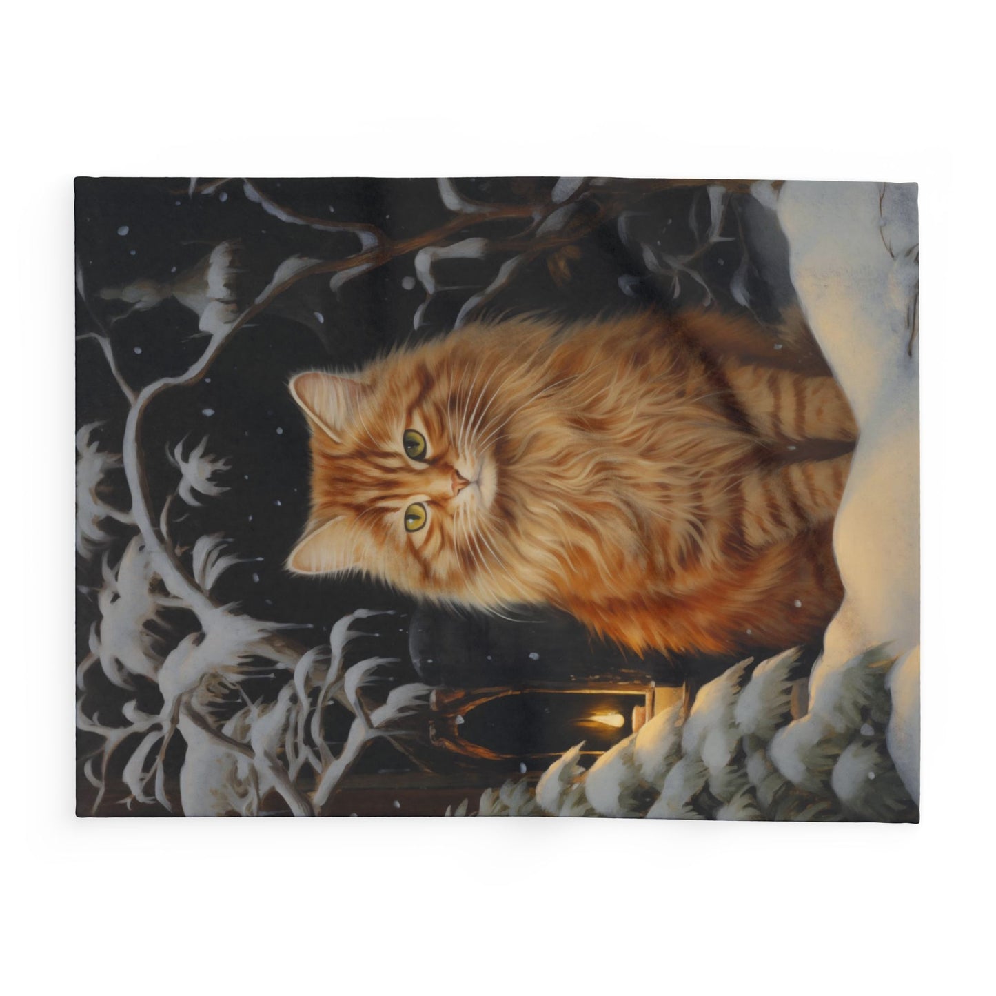 Winter Cat Arctic Fleece Blanket - Original Art - a Fluffy Orange Cat in a Comfy Snowy Scene Winter Fleece Blanket Fleece Cat Blanket