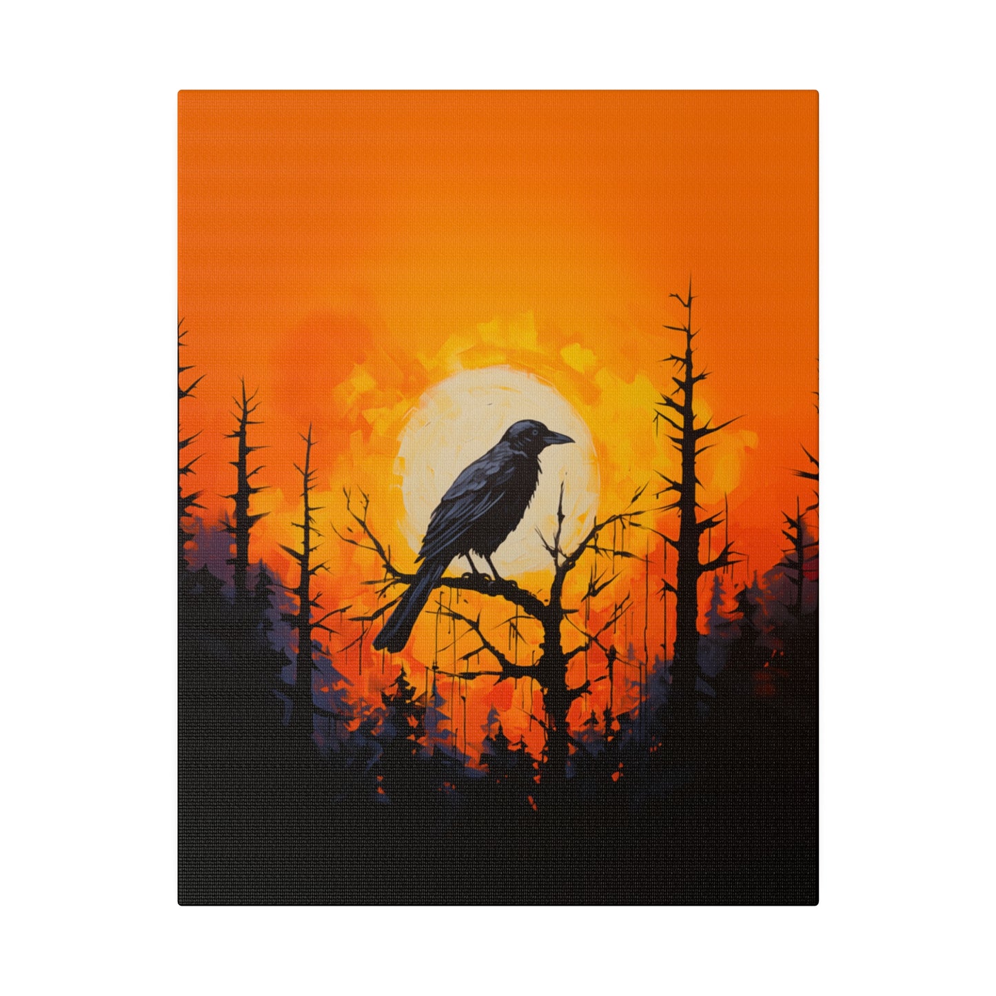 Corvid Sunrise Silhouette Matte Canvas Orange and Black Abstract Art Print 8x10, 12x16, 16x20,  18x24, 20x30, 24x32, 30x40, 32x48" Artwork