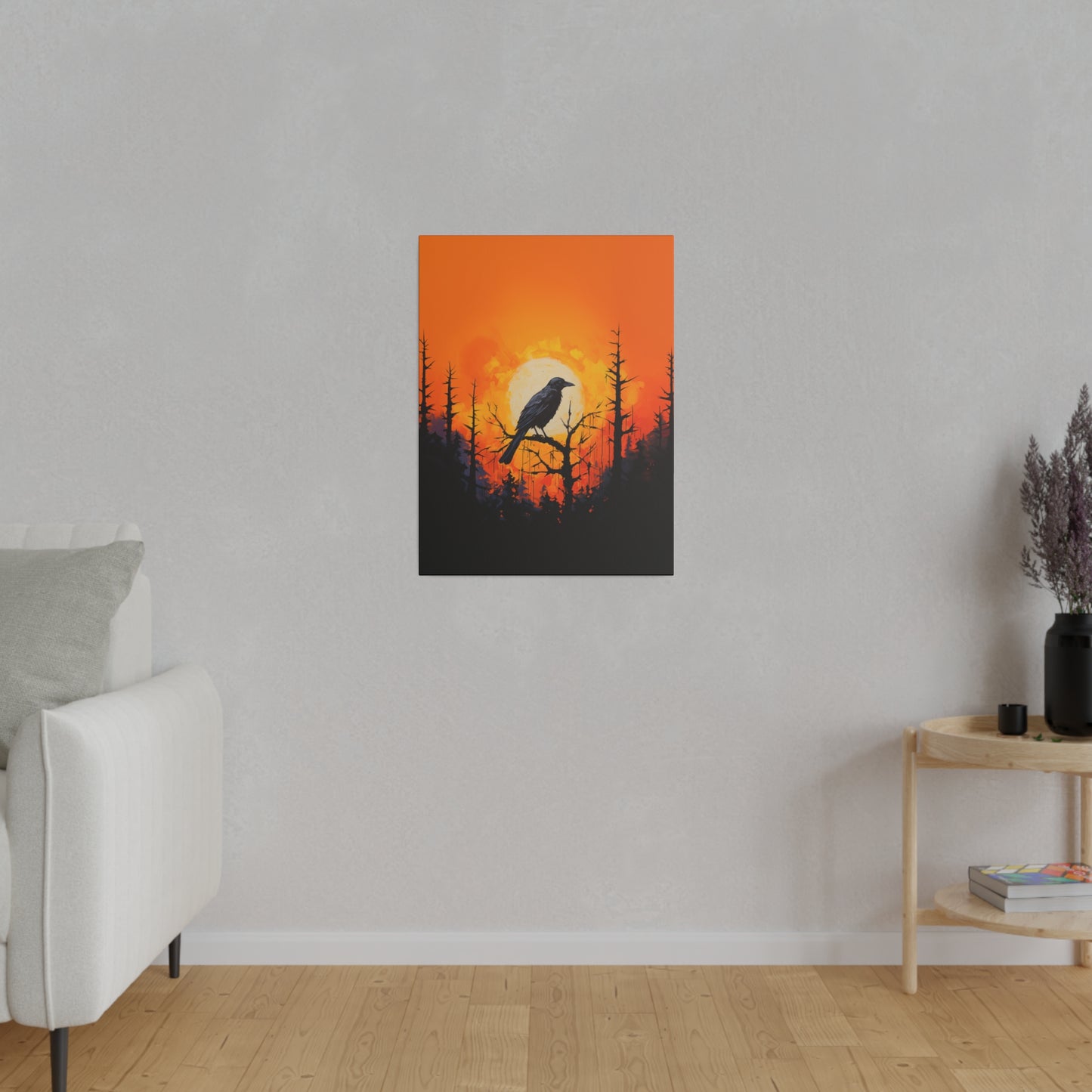 Corvid Sunrise Silhouette Matte Canvas Orange and Black Abstract Art Print 8x10, 12x16, 16x20,  18x24, 20x30, 24x32, 30x40, 32x48" Artwork