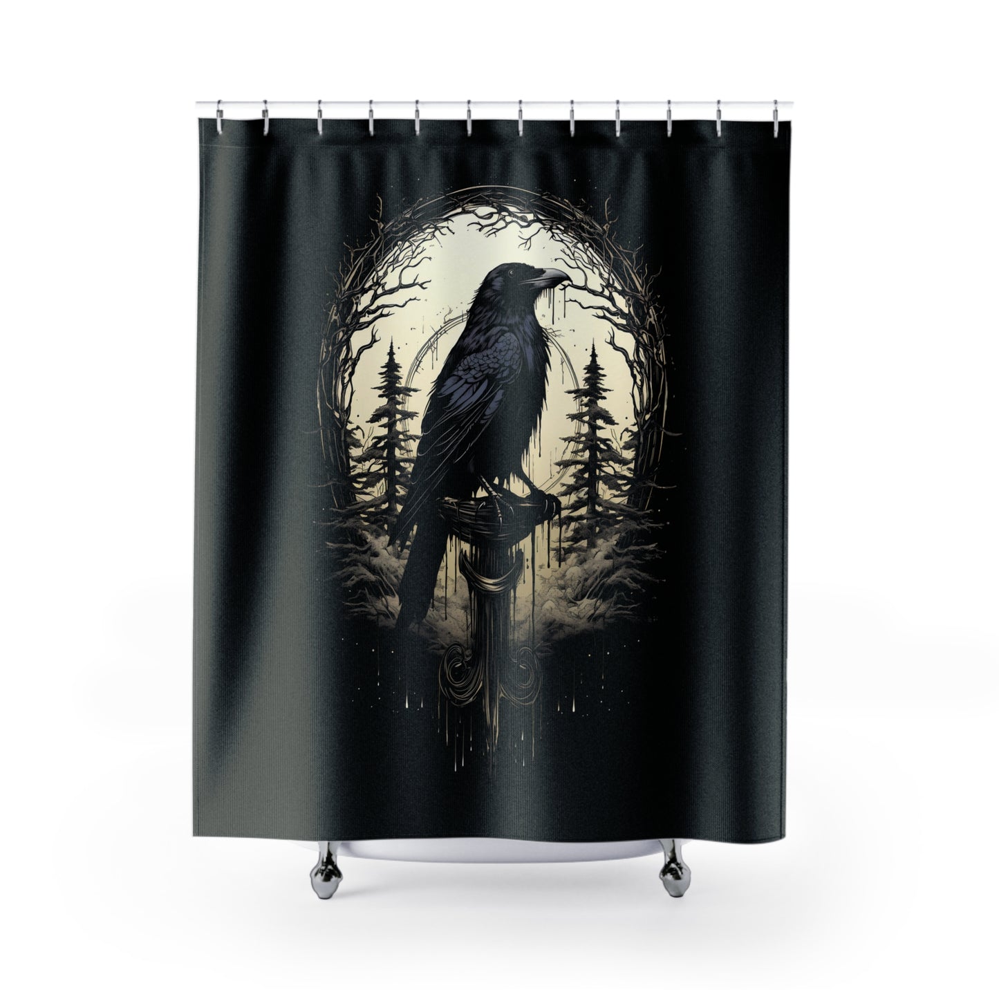 Night's Sentinel Shower Curtain Gothic Raven Polyester Bath Curtain