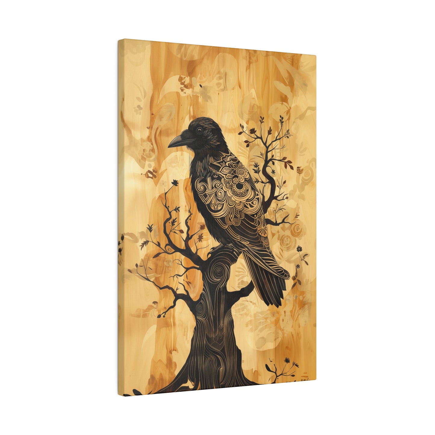 Delicate Raven Matte Canvas Corvid in tree Art Print 12x18, 16x24, 20x30, 24x36 inch Artwork Aspect Ratio 2:3 (vertical) as if on wood