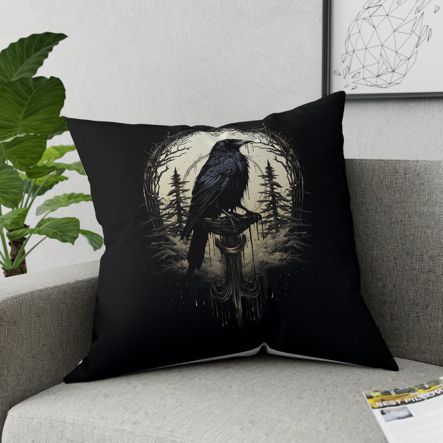 Night's Sentinel, Dark Raven Gothic Broadcloth Pillow. Cloth pillow, canvas pillow, raven pillow  goth pillow, dark art, dark academia, gift