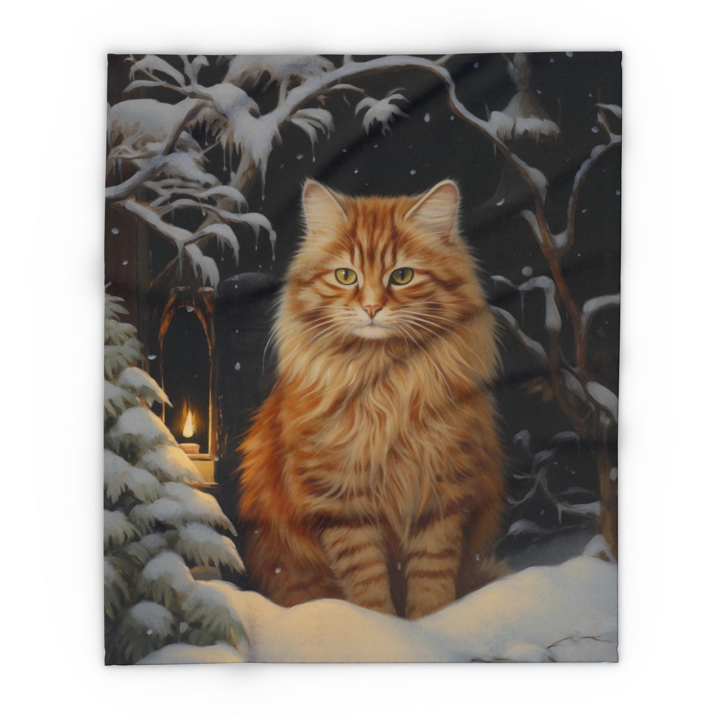 Winter Cat Arctic Fleece Blanket - Original Art - a Fluffy Orange Cat in a Comfy Snowy Scene Winter Fleece Blanket Fleece Cat Blanket