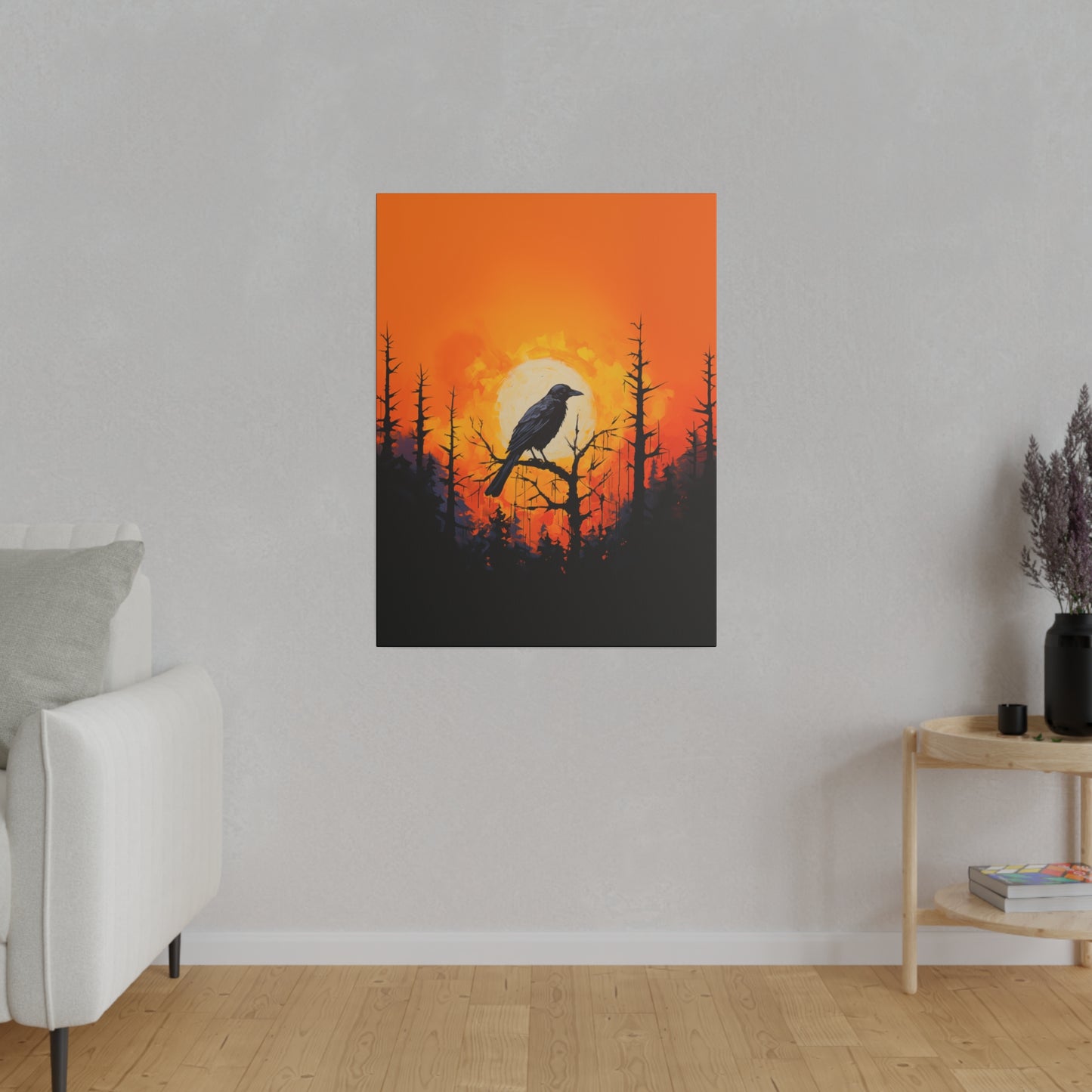 Corvid Sunrise Silhouette Matte Canvas Orange and Black Abstract Art Print 8x10, 12x16, 16x20,  18x24, 20x30, 24x32, 30x40, 32x48" Artwork