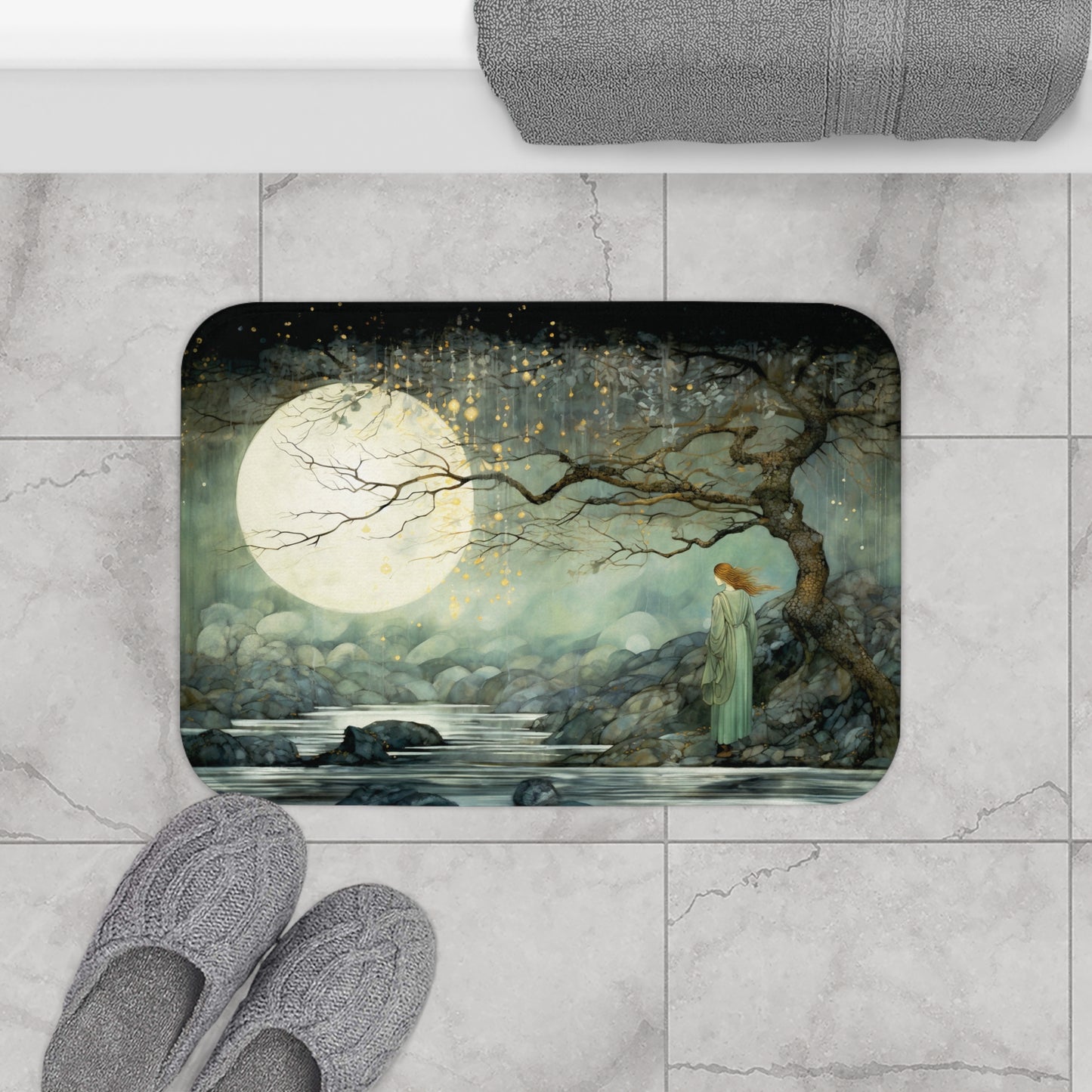 Her Lunar Reflections Bath Mat - A beautiful redhead woman contemplates existence whilst gazing upon the full moon.