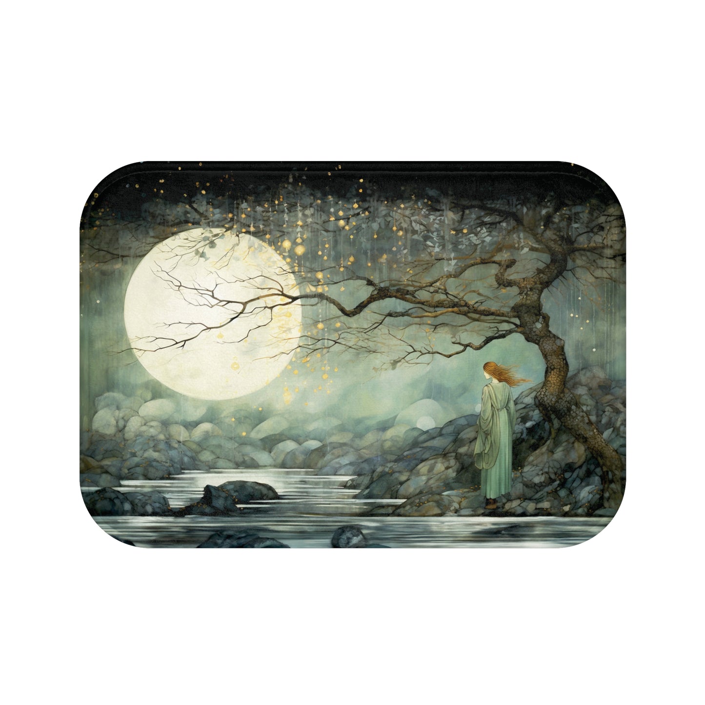 Her Lunar Reflections Bath Mat - A beautiful redhead woman contemplates existence whilst gazing upon the full moon.