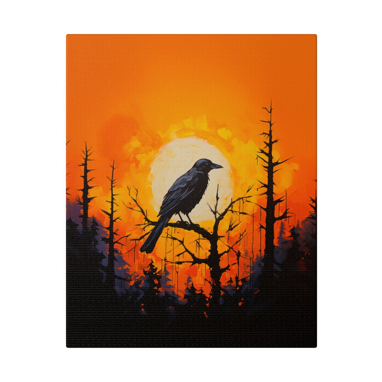 Corvid Sunrise Silhouette Matte Canvas Orange and Black Abstract Art Print 8x10, 12x16, 16x20,  18x24, 20x30, 24x32, 30x40, 32x48" Artwork