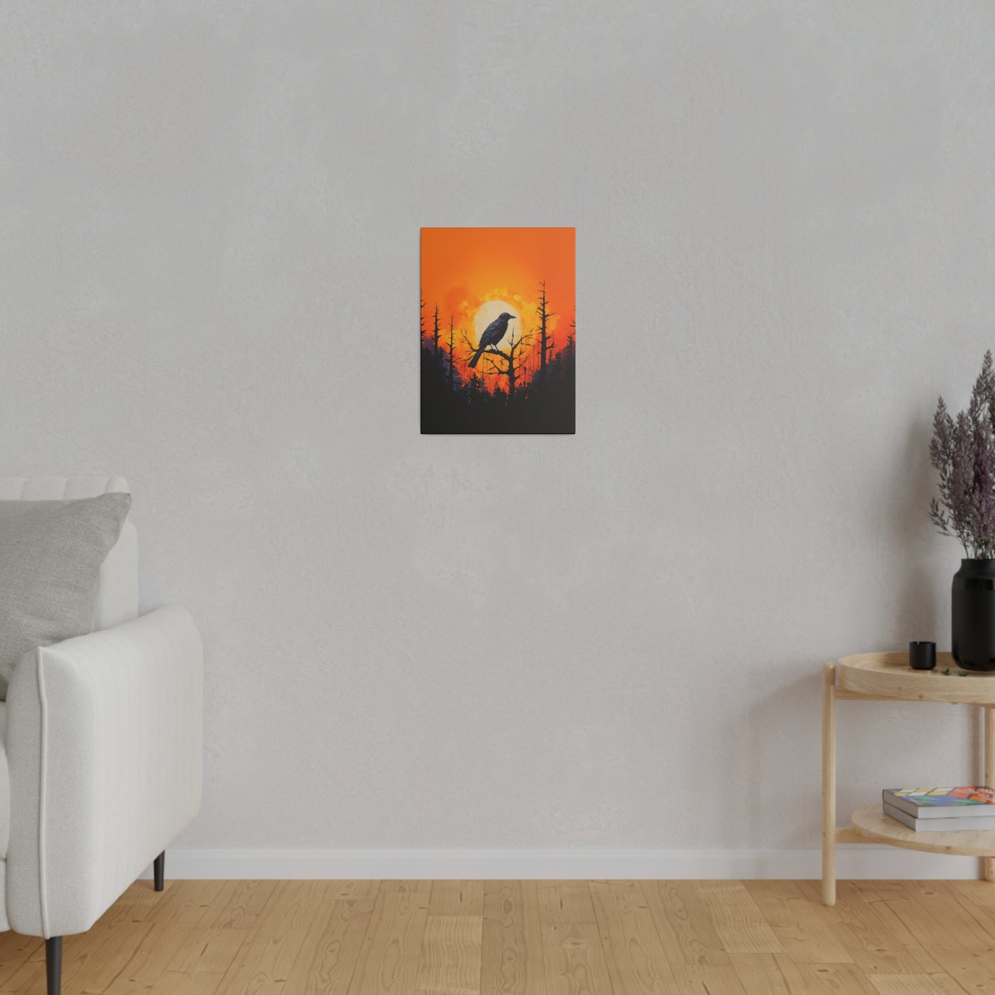 Corvid Sunrise Silhouette Matte Canvas Orange and Black Abstract Art Print 8x10, 12x16, 16x20,  18x24, 20x30, 24x32, 30x40, 32x48" Artwork