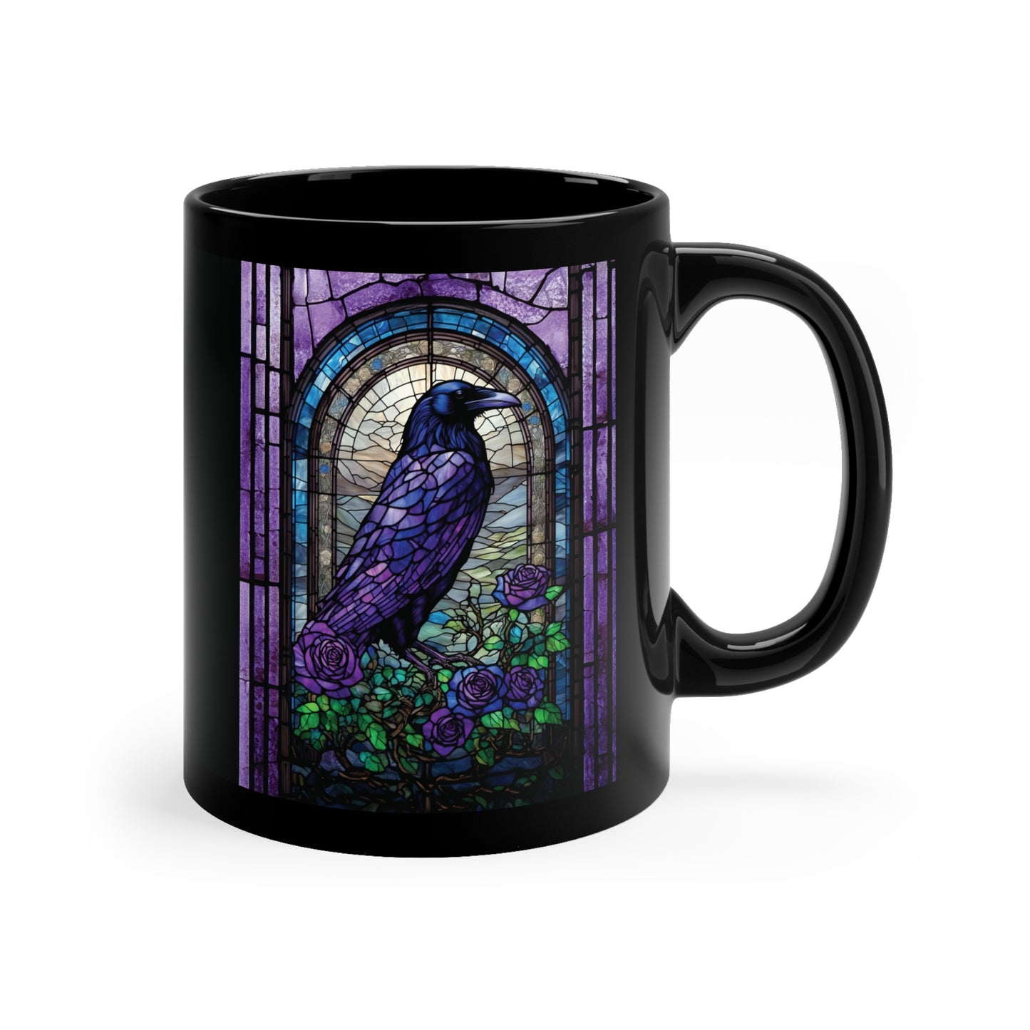 Black Coffee Mug with Purple Blue Raven and Roses in Stained Glass - Raven Mug Gothic Raven Dark Academia Mug Ravencore Goth Coffee Mug