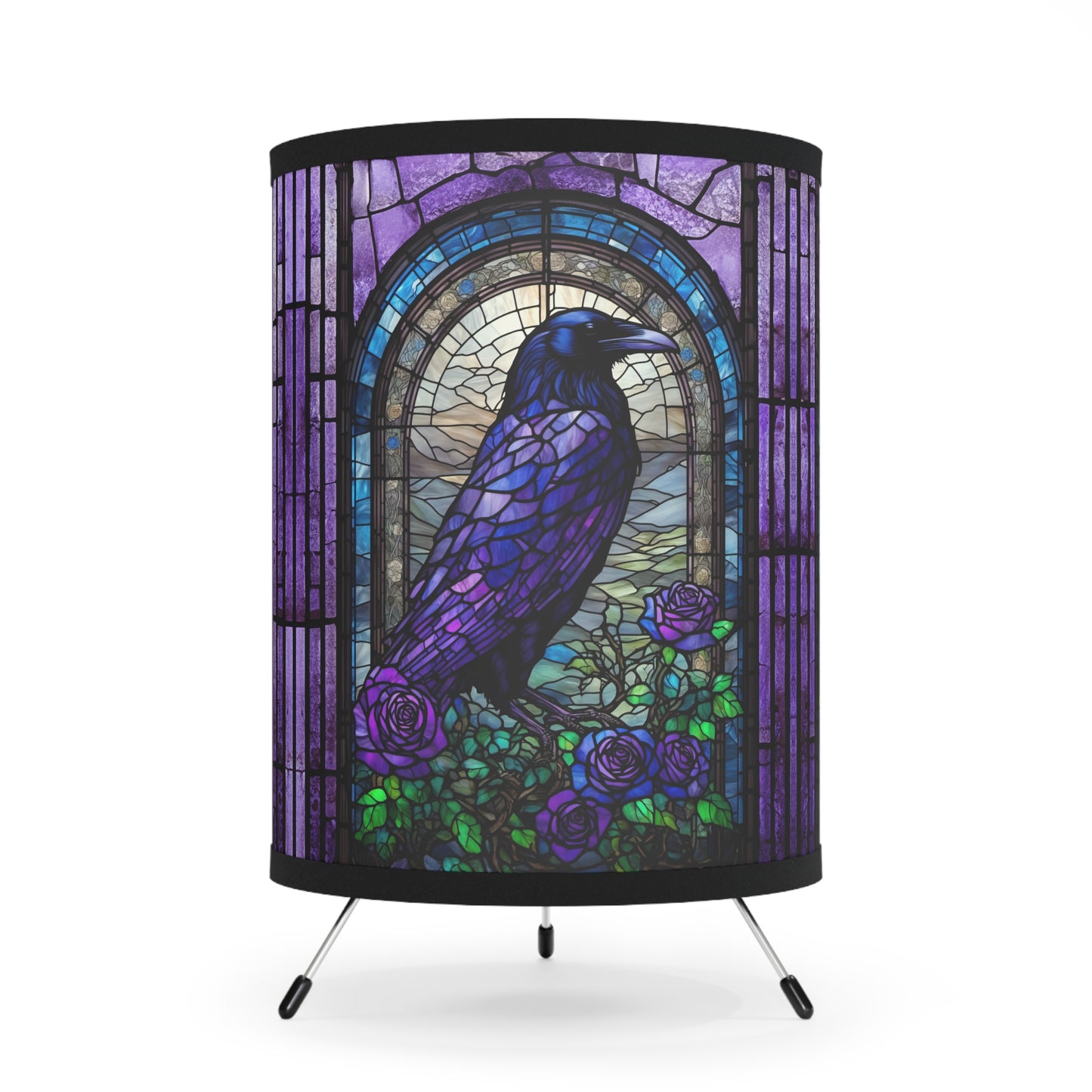 Raven Stained Glass Lamp - raven lamp, stained glass purple blue lamp, gothic lamp, unique lamp, bedside table lamp, gift lamp dark academia