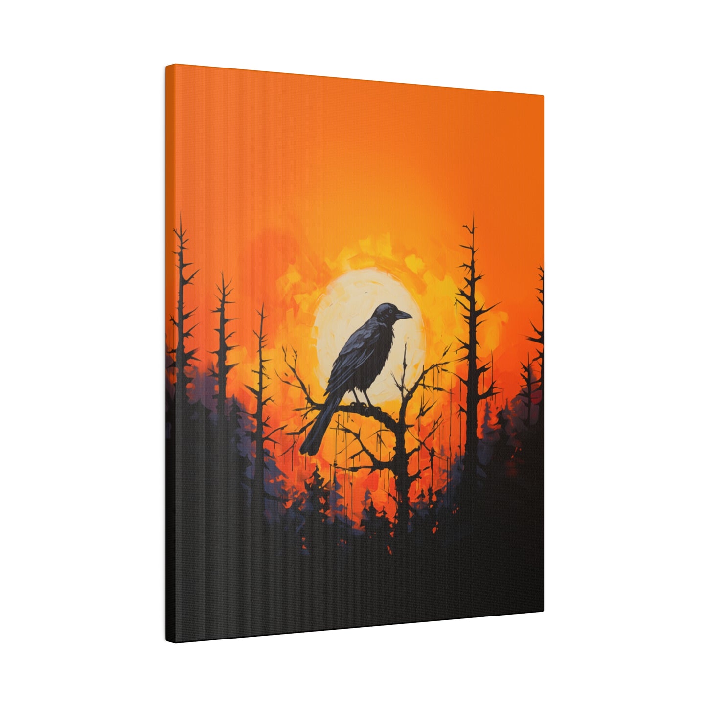 Corvid Sunrise Silhouette Matte Canvas Orange and Black Abstract Art Print 8x10, 12x16, 16x20,  18x24, 20x30, 24x32, 30x40, 32x48" Artwork