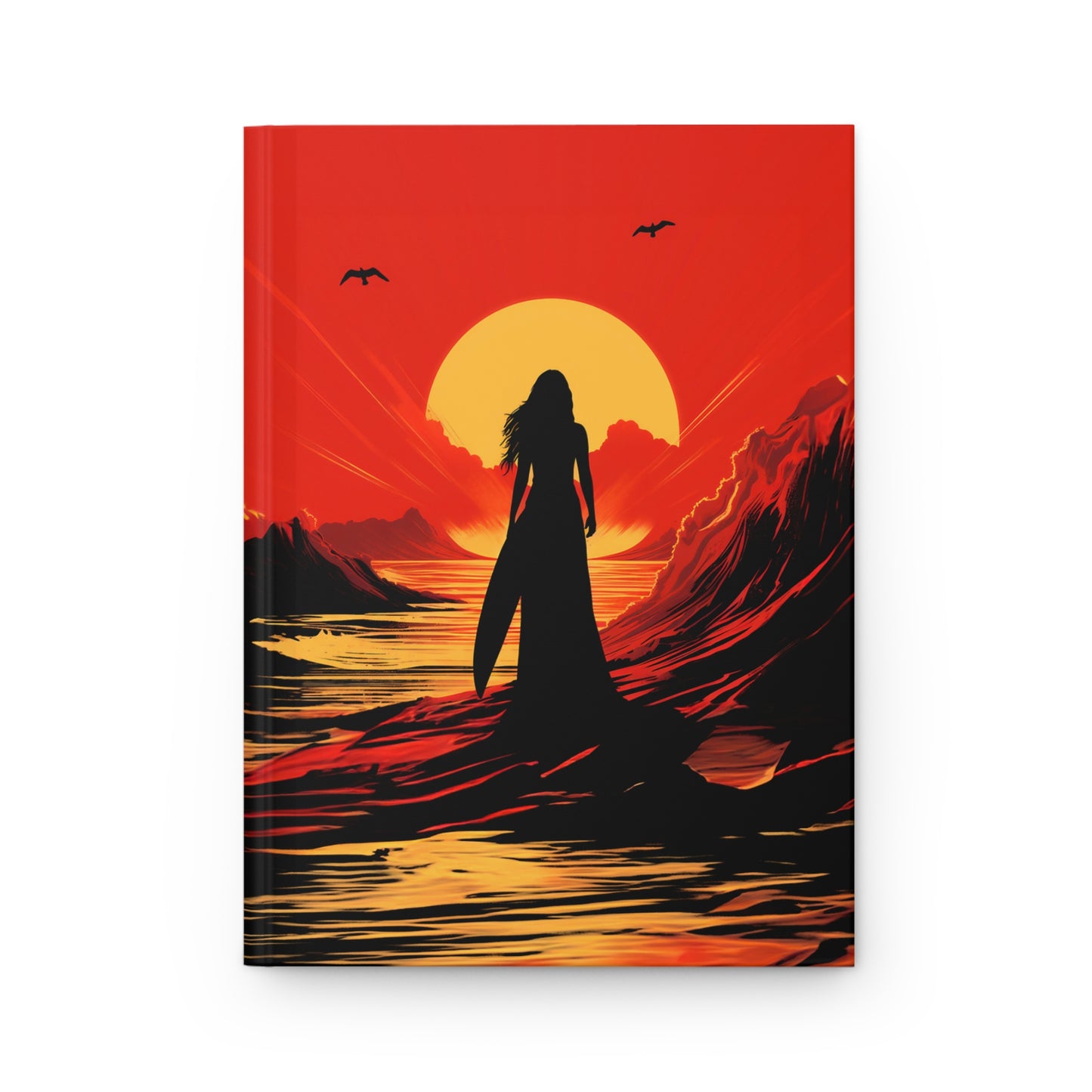 Surf Goddess - Hardcover Journal - Image of a Surfer Girl/Woman at sunset, defying expectation by wearing a long dress.