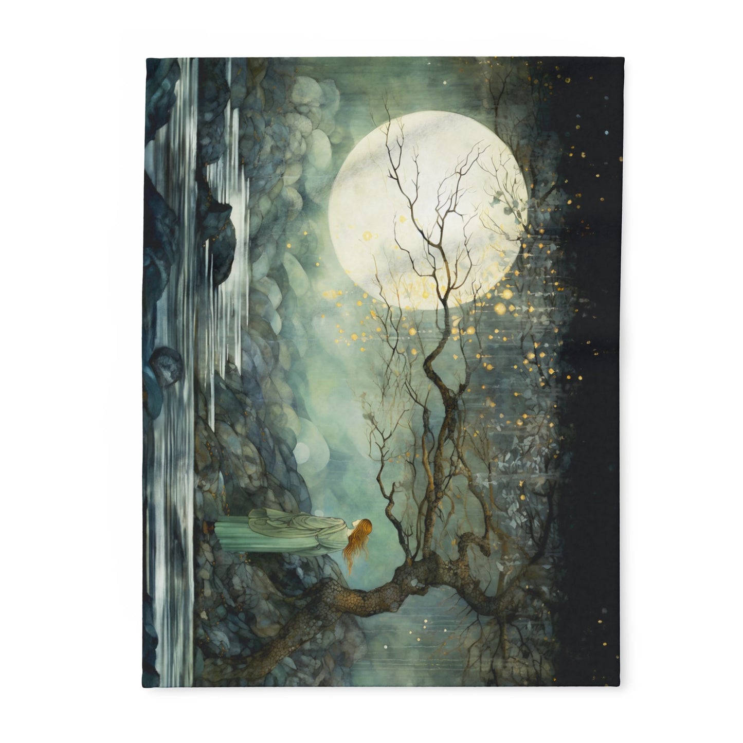 Her Lunar Reflections Arctic Fleece Blanket - a serene original art scene featuring a redheaded woman and a full moon