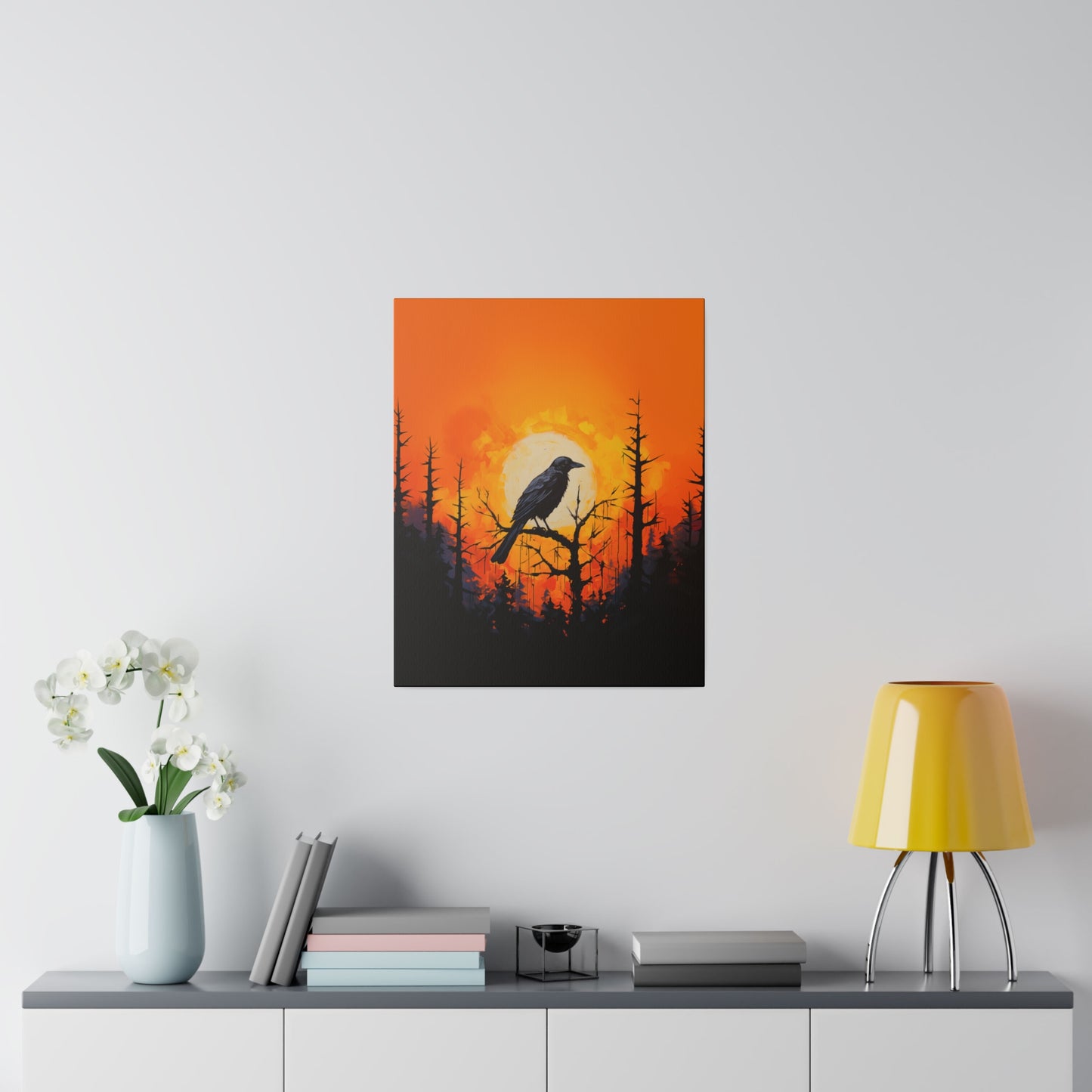 Corvid Sunrise Silhouette Matte Canvas Orange and Black Abstract Art Print 8x10, 12x16, 16x20,  18x24, 20x30, 24x32, 30x40, 32x48" Artwork