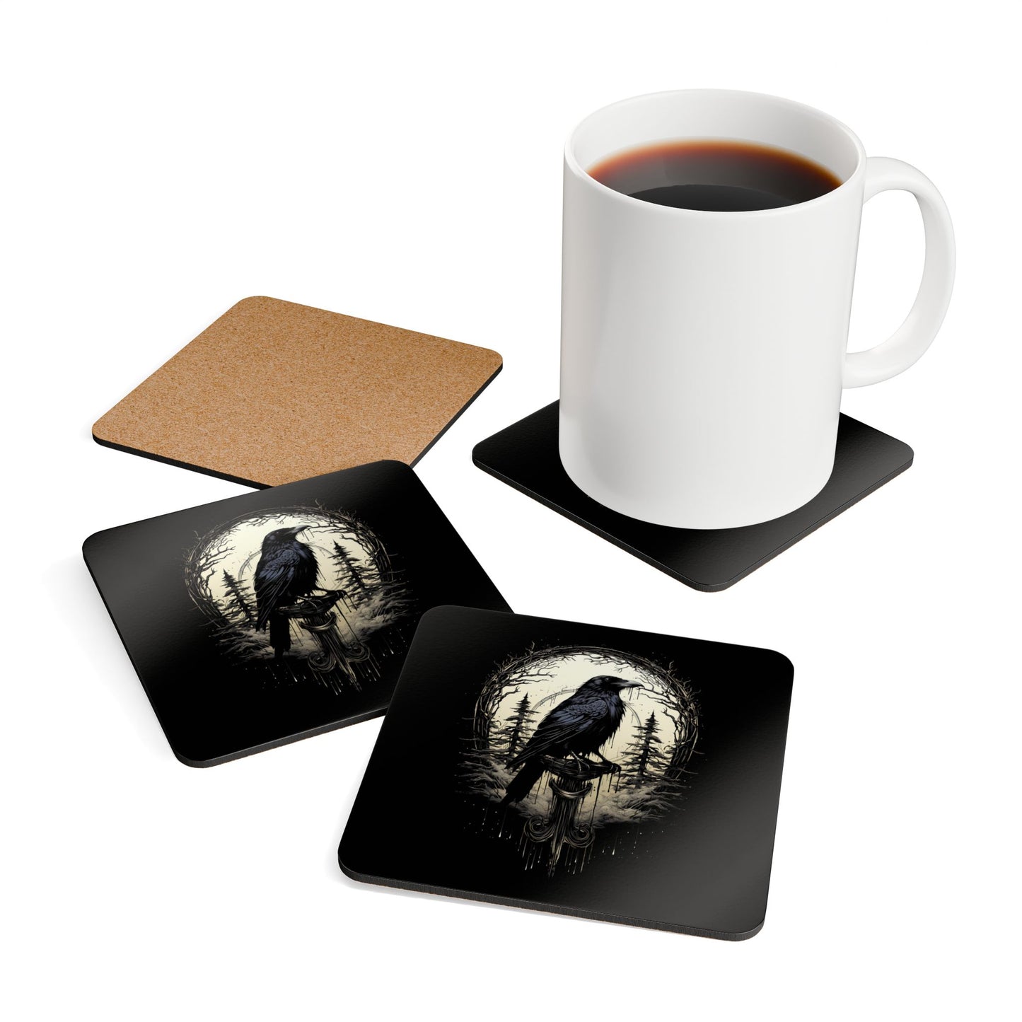 Night's Sentinel Corkwood Coaster Set Gothic Raven Black Coasters 4-pk