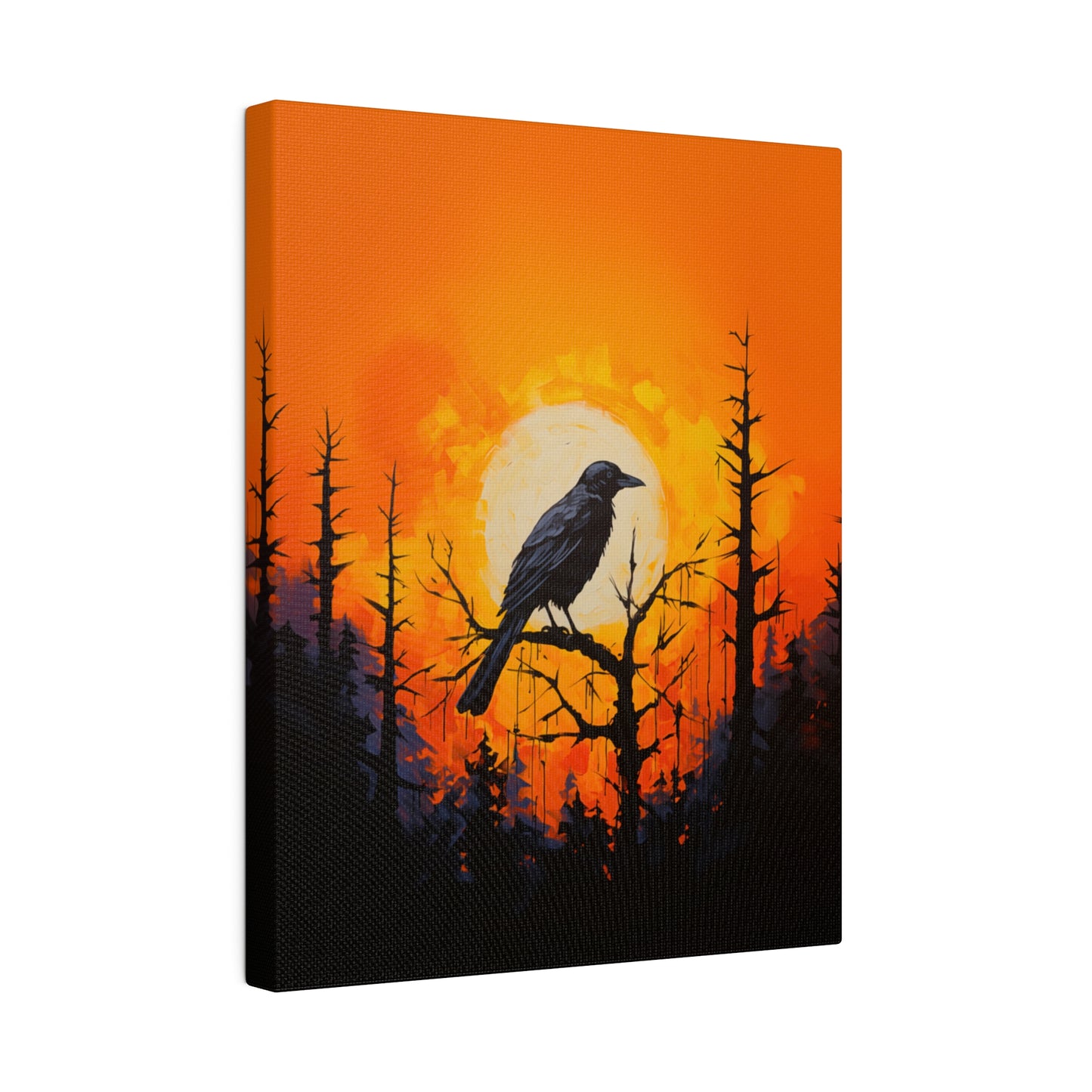 Corvid Sunrise Silhouette Matte Canvas Orange and Black Abstract Art Print 8x10, 12x16, 16x20,  18x24, 20x30, 24x32, 30x40, 32x48" Artwork