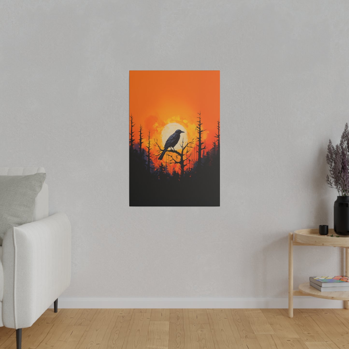 Corvid Sunrise Silhouette Matte Canvas Orange and Black Abstract Art Print 8x10, 12x16, 16x20,  18x24, 20x30, 24x32, 30x40, 32x48" Artwork