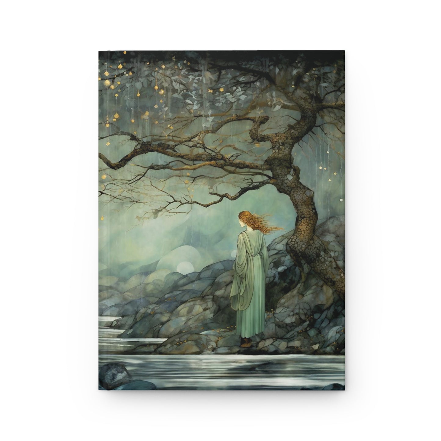 Her Lunar Reflection - Harcover Journal Notebook with orginal art - woman, moon, green, celtic, goddess, feminine, beauty, serenity