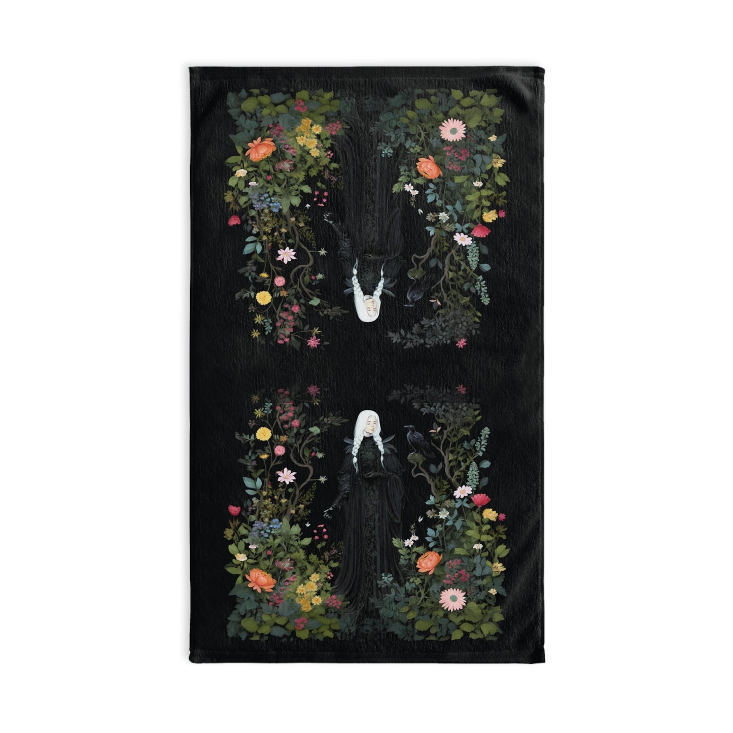 Dark Cottagecore Hand Towel, Sanctuary in the Wilds, dark botanical print, dark floral towel, dark aesthetic, goth cottagecore towel, witchy