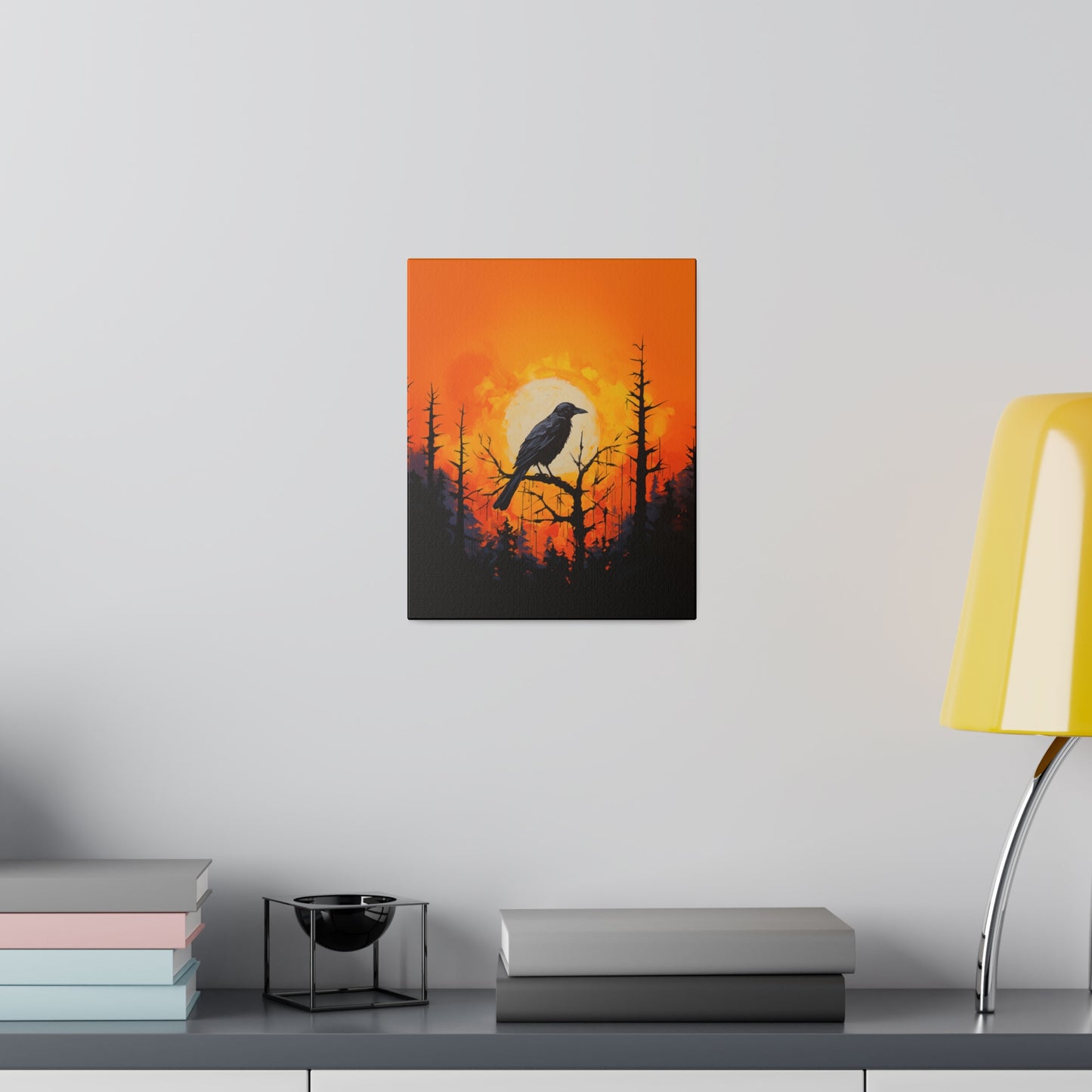 Corvid Sunrise Silhouette Matte Canvas Orange and Black Abstract Art Print 8x10, 12x16, 16x20,  18x24, 20x30, 24x32, 30x40, 32x48" Artwork