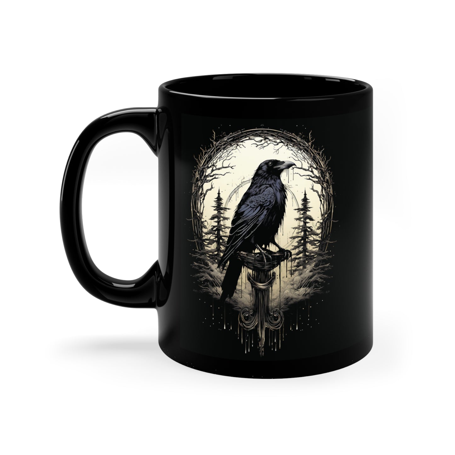 Night's Sentinel 11oz Black Coffee Mug - Original art on a mug, black raven mug, gothic mug, raven mug, dark academic mug, raven gift, Odin