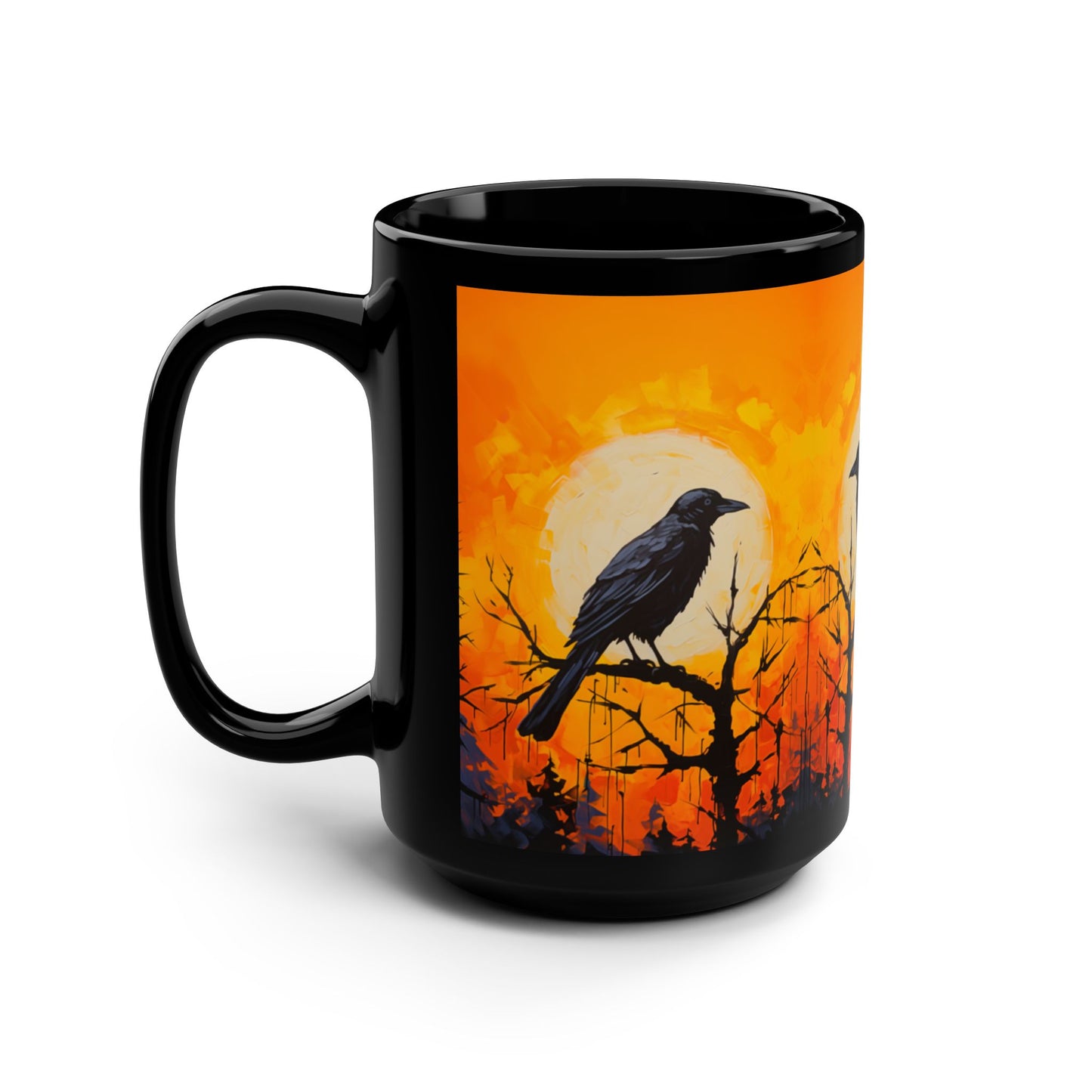 Corvid Sunrise Silhouette 15oz Coffee Mug Orange and Black Raven Mug