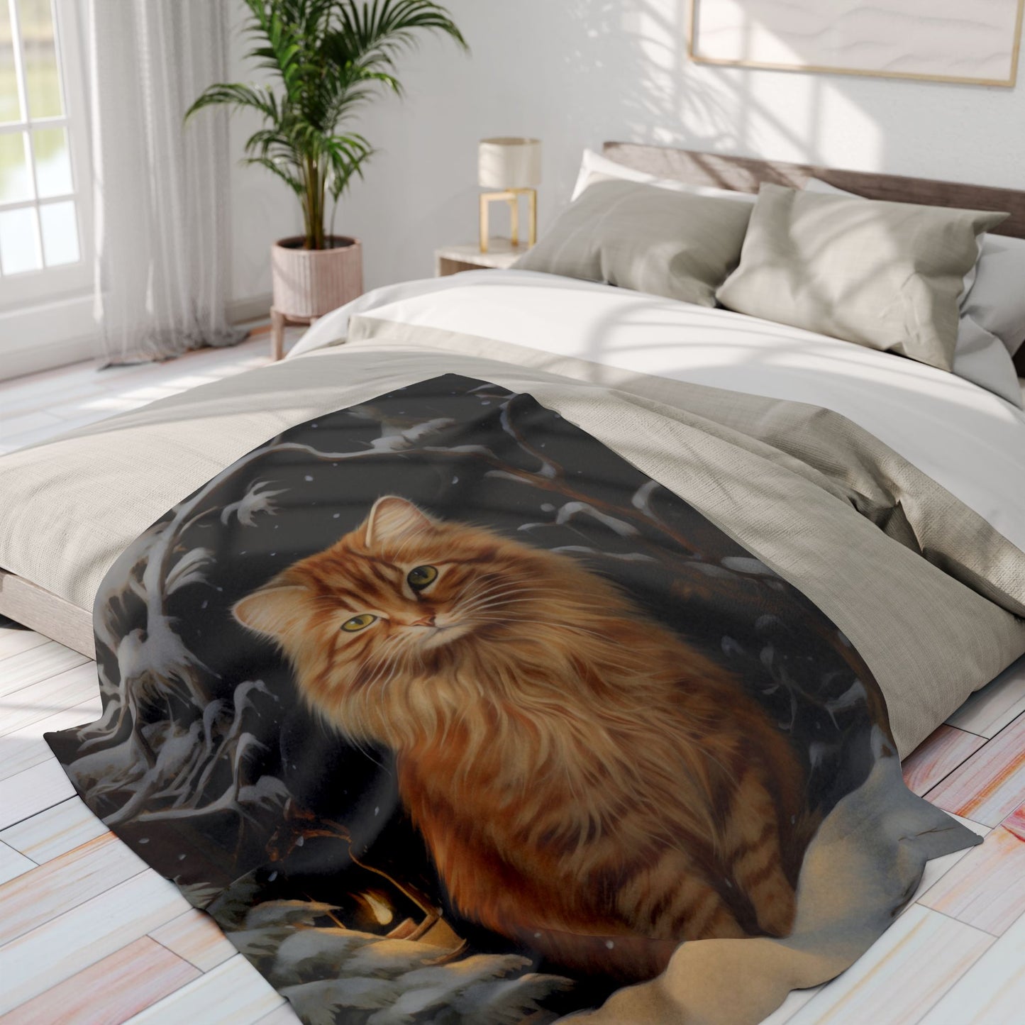 Winter Cat Arctic Fleece Blanket - Original Art - a Fluffy Orange Cat in a Comfy Snowy Scene Winter Fleece Blanket Fleece Cat Blanket